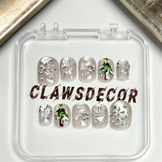 ✨ Silver Snowflake Christmas Press-On Nails | Holiday Winter Tree Design by Clawsdecor
