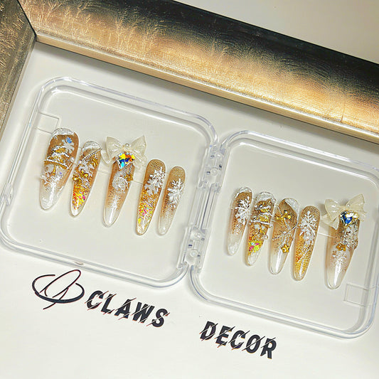 Luxury Winter Crystal Clear Press-On Nails | Gold Snowflake Bow Rhinestone Nails | Handmade Holiday Stiletto Nails