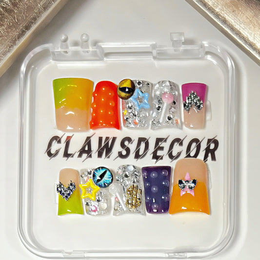 Y2K Jelly Gradient Press-On Nails | Colorful 3D Star & Crystal Nails | Glossy Short Square Fake Nails | Handmade Nail Set