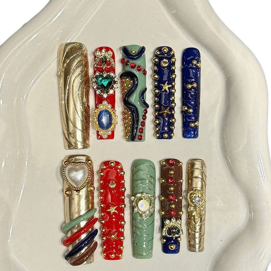 Royal Baroque Luxury Press-On Nails | Red Blue Gold 3D Gemstone Stud Nails | Vintage Palace Aesthetic | Handmade Statement Nails