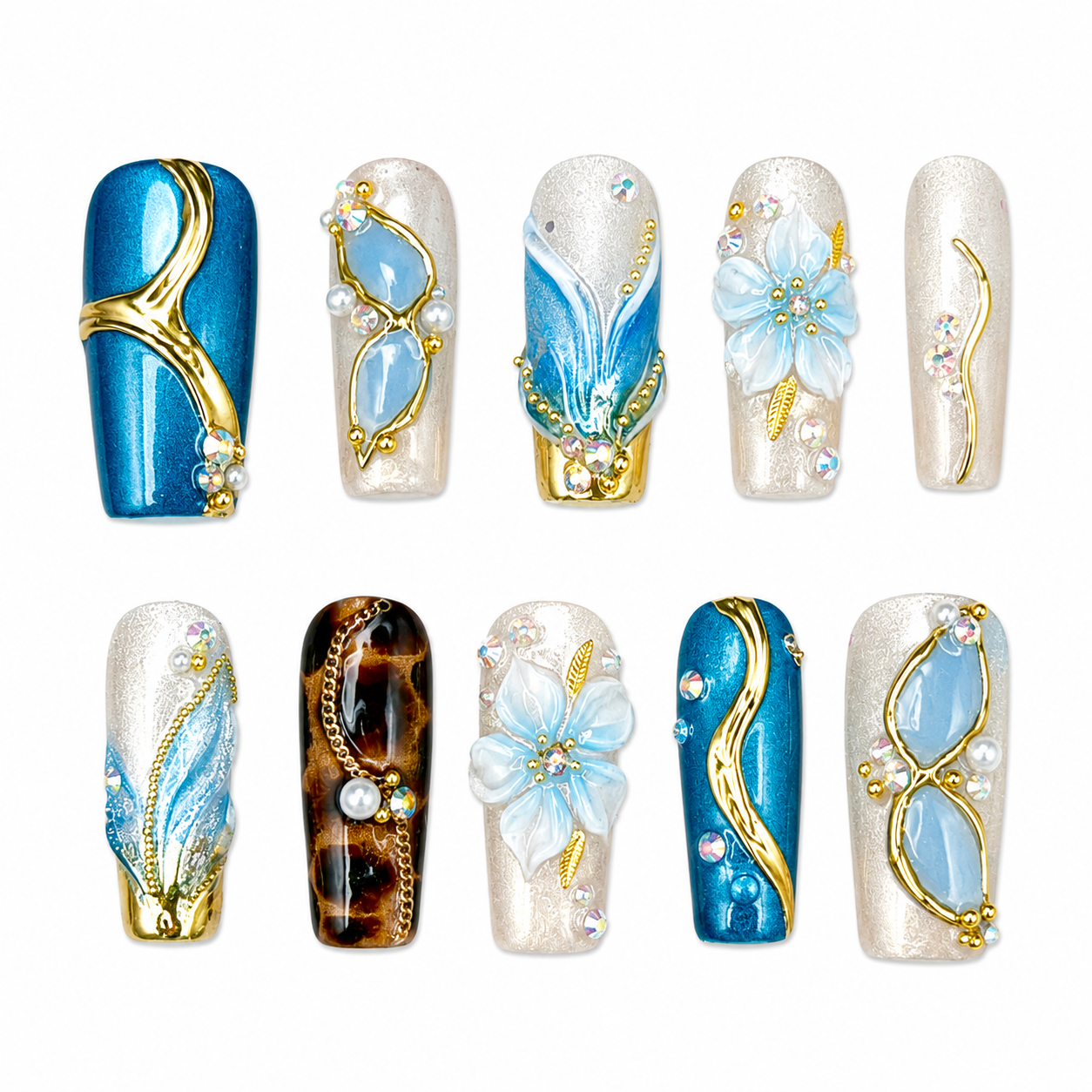 Turquoise Tortoise Press-On Nails | Blue Floral Nails | Gold Accent Nails | Luxury Tortoiseshell Nail Set | Handmade Reusable Square Nails