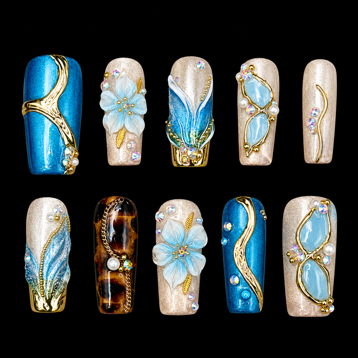 Turquoise Tortoise Press-On Nails | Blue Floral Nails | Gold Accent Nails | Luxury Tortoiseshell Nail Set | Handmade Reusable Square Nails