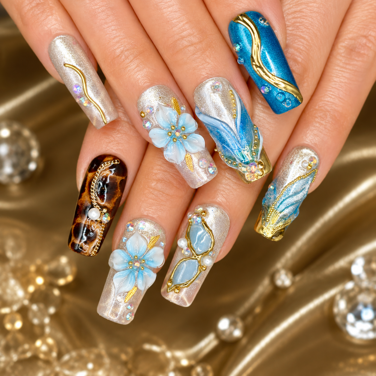 Turquoise Tortoise Press-On Nails | Blue Floral Nails | Gold Accent Nails | Luxury Tortoiseshell Nail Set | Handmade Reusable Square Nails