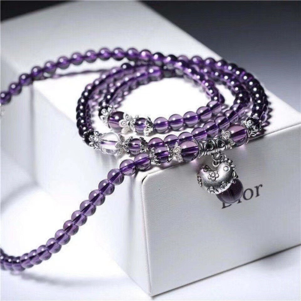 Purple Crystal Beaded Wrap Bracelet Amethyst Style Multi-Layer Mala Bracelet with Charm Handmade Elegant Spiritual Energy Jewelry