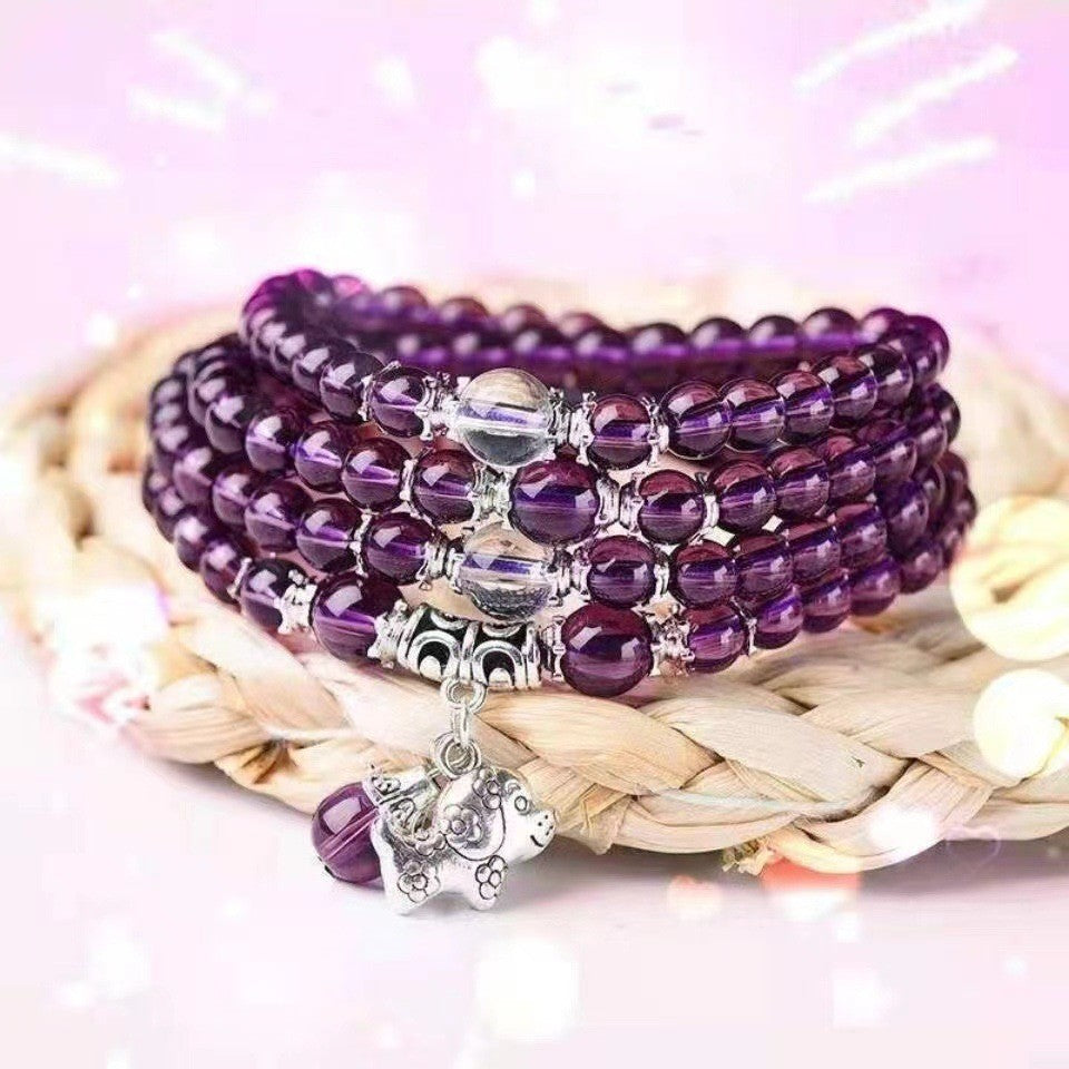 Purple Crystal Beaded Wrap Bracelet Amethyst Style Multi-Layer Mala Bracelet with Charm Handmade Elegant Spiritual Energy Jewelry