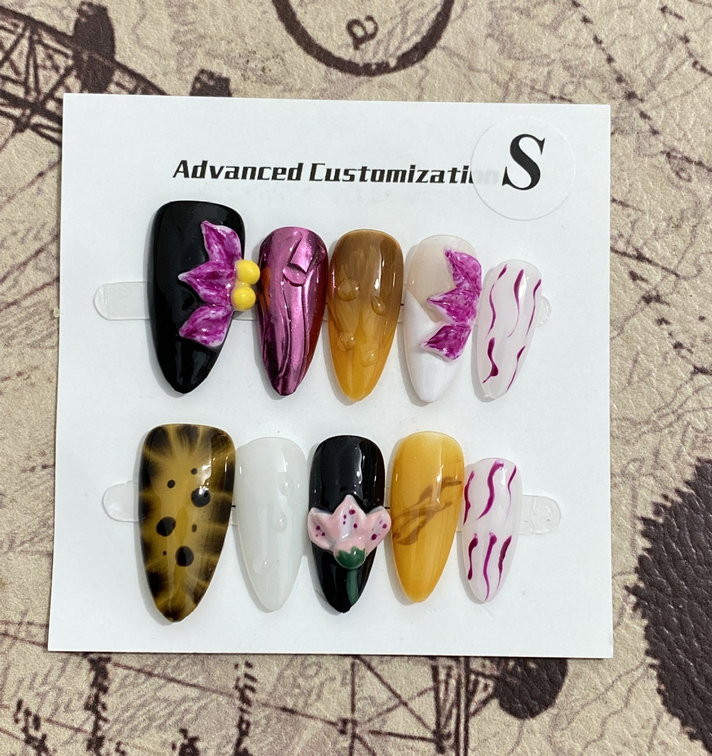 Handmade Mixed Design Press On Nails  3D Floral Art, Abstract Lines & Animal Print Bold Custom Nail Set