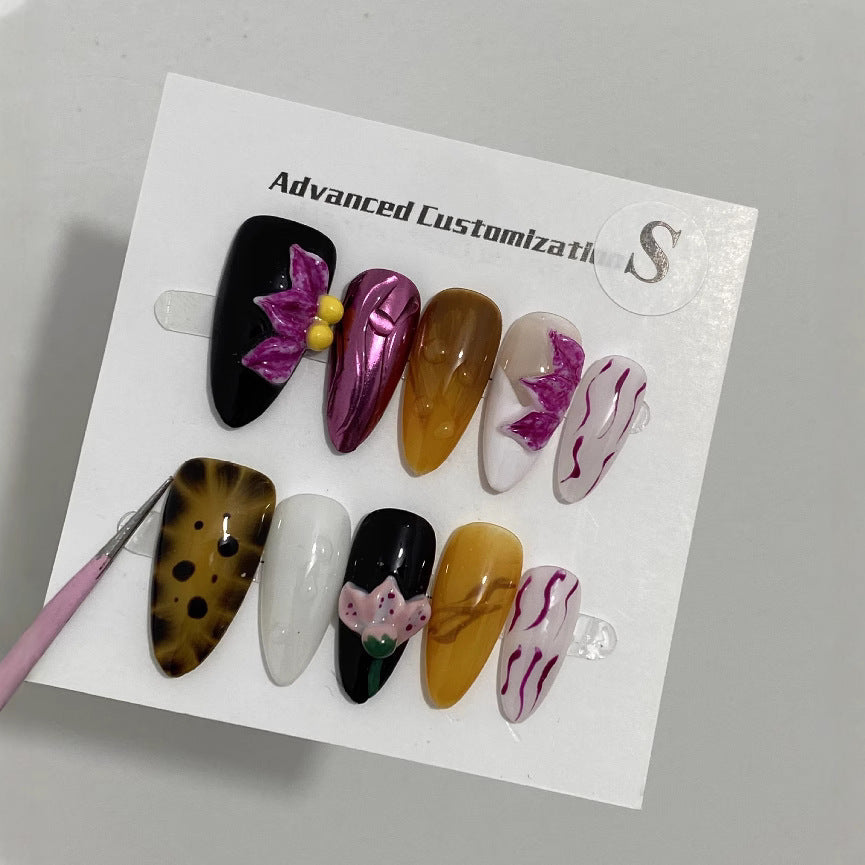 Handmade Mixed Design Press On Nails  3D Floral Art, Abstract Lines & Animal Print Bold Custom Nail Set