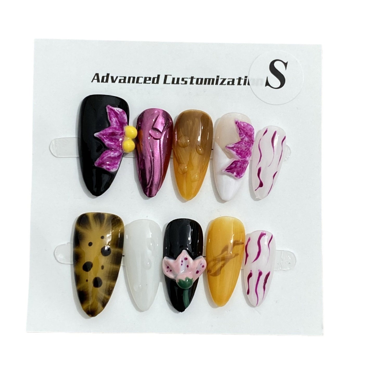 Handmade Mixed Design Press On Nails  3D Floral Art, Abstract Lines & Animal Print Bold Custom Nail Set
