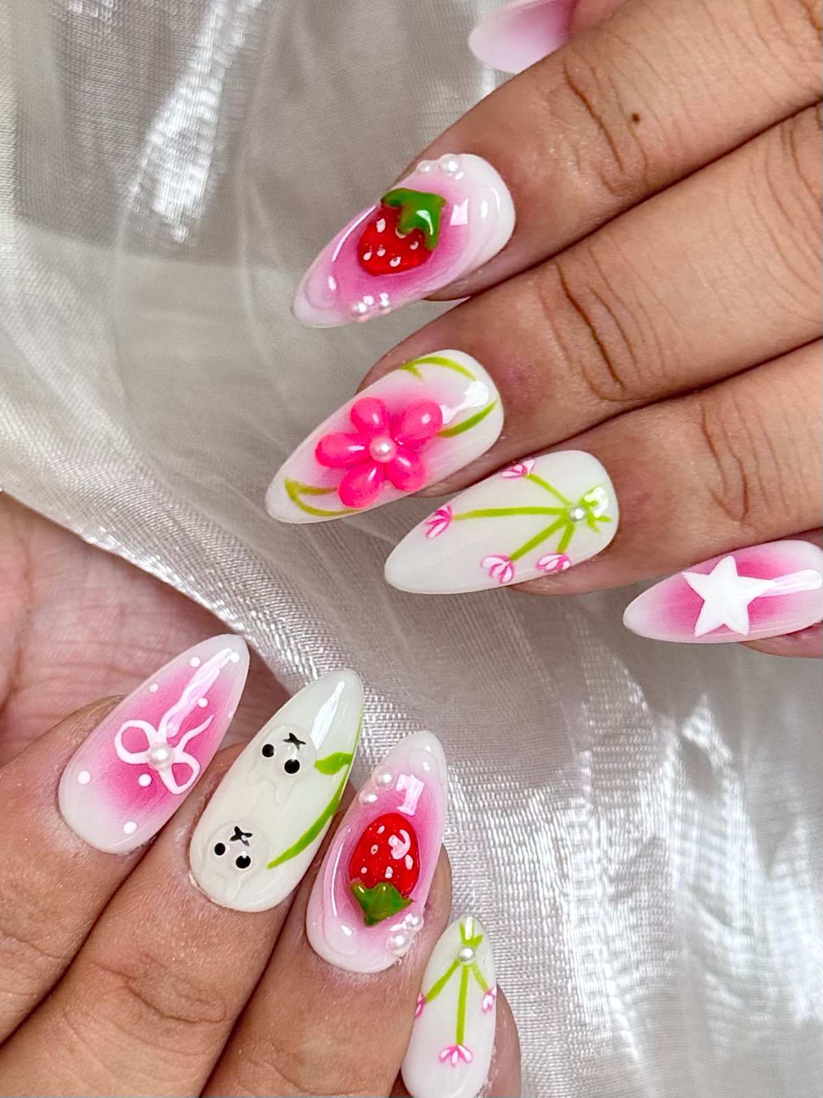 Strawberry Garden Pink Floral Press-On Nails | 3D Fruit & Flower Nails