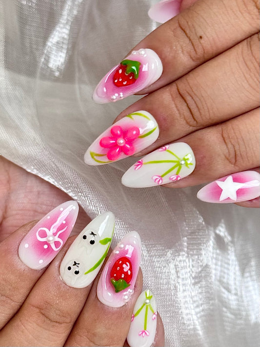 Strawberry Garden Pink Floral Press-On Nails | 3D Fruit & Flower Nails