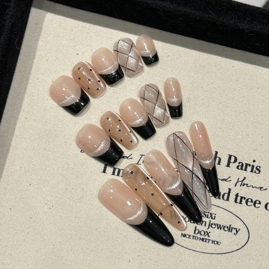 Black and Nude Press On Nails  Modern Geometric French Tips Manicure Polka Dot Accents Short Reusable Nail Set