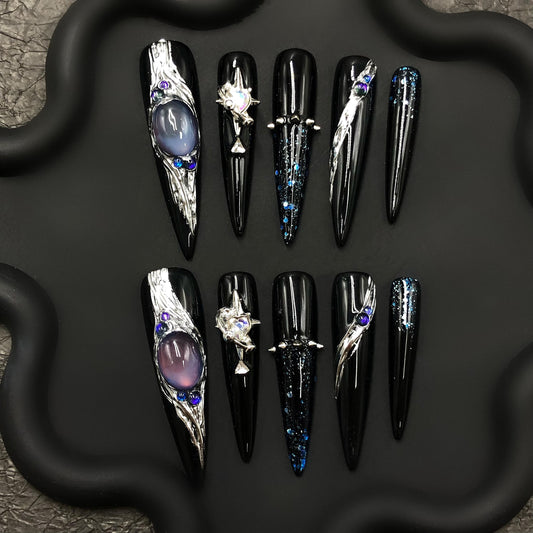 Black gothic press on nail, stiletto, celestial, metallic silver accents, gemstone, luxury fake nail, cosmic fantasy, art hand painted nails