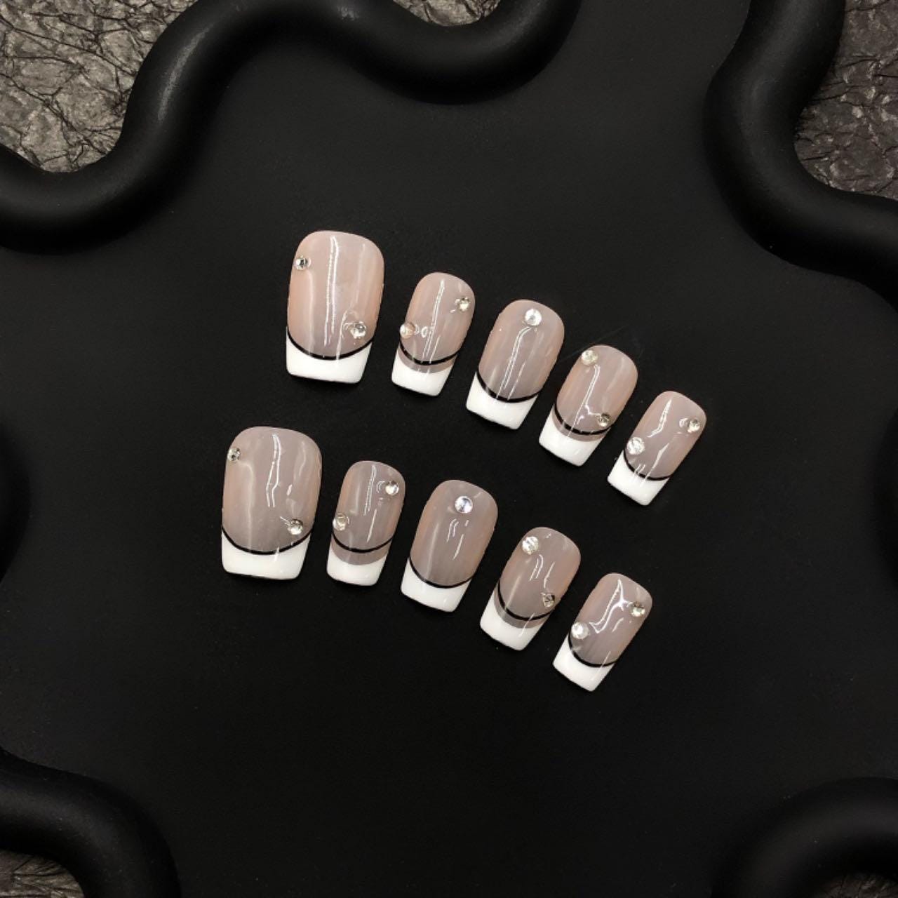 Elegant French Tip Press On Nails – Nude & White with Black Accent – Rhinestone Embellished Glossy Nails – Custom Luxury Nail Set