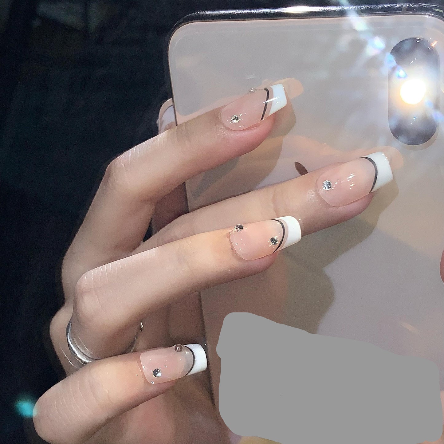 Elegant French Tip Press On Nails – Nude & White with Black Accent – Rhinestone Embellished Glossy Nails – Custom Luxury Nail Set