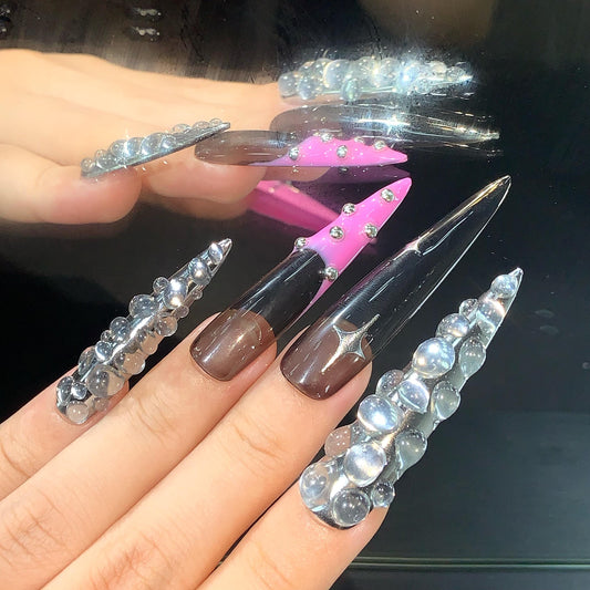 Hand Painted Stiletto Edgy Punk Pink and Black Press On Nails