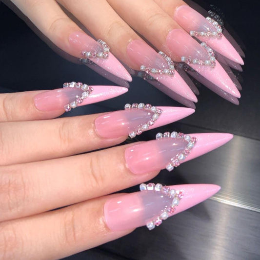 Long Stiletto Rhinestone French Tip Pink Elegant Luxury Hand Painted Nails
