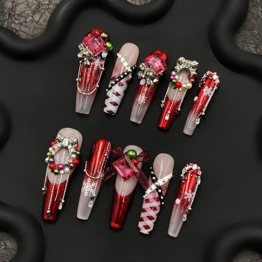 Christmas 3D Hand Painted Unique Festive Press On Nails Long Square