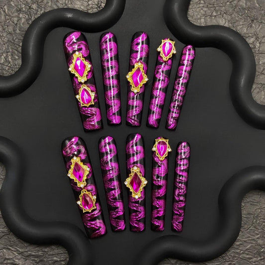 Black pink nails, long coffin luxury press-on jewel embellished rhinestone art, dramatic design, abstract swirl glam manicure, hot pink nail