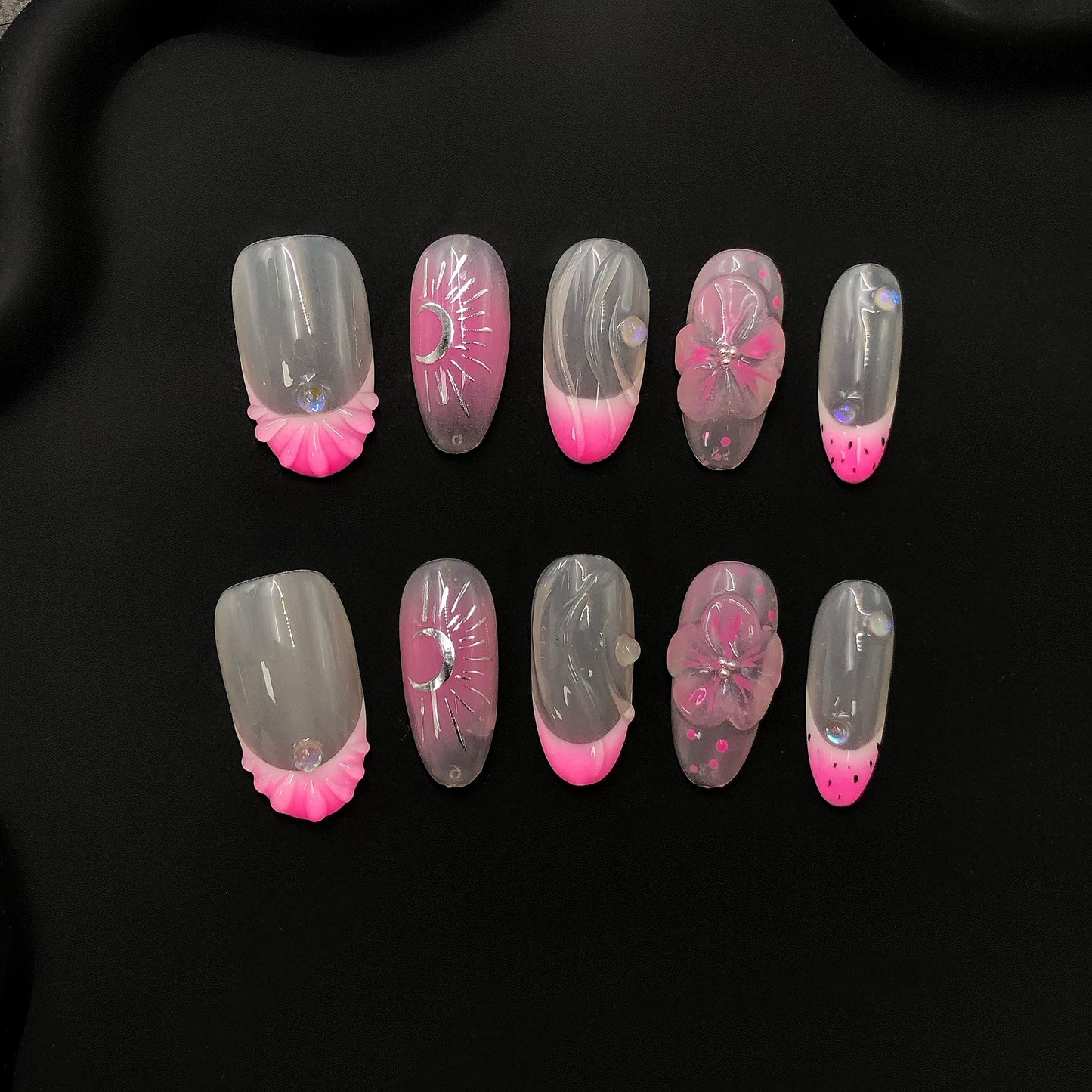 Pink and Clear Short Oval Press on Hand Painted nails, moon design, shell, flower