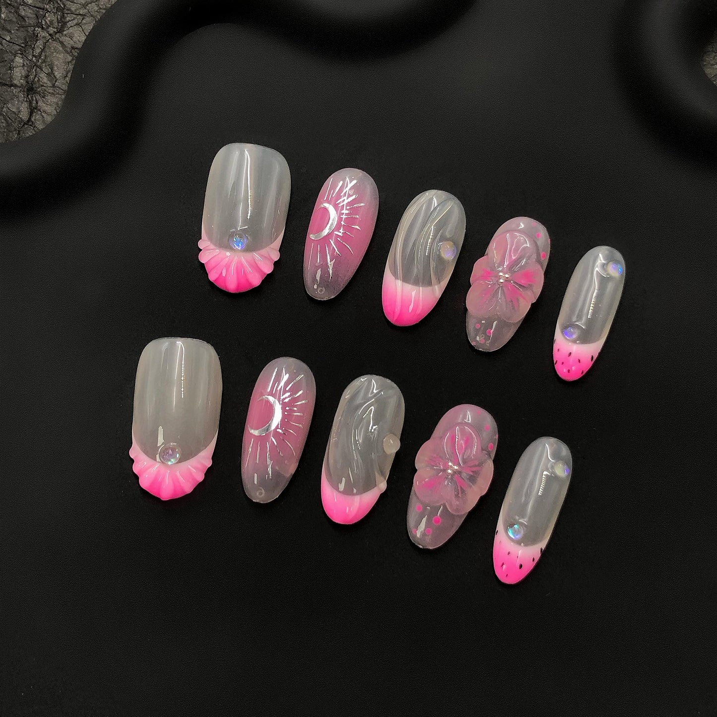 Pink and Clear Short Oval Press on Hand Painted nails, moon design, shell, flower