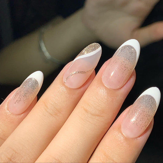 Golden Sparkly Swirl Baby Pink Dainty French Tip Short Oval Hand painted Press On Nails