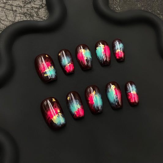 nail art creative design, colorful abstract patterns, manicure, nail polish, artificial nails, decorative nails, vibrant colors, nail tips.
