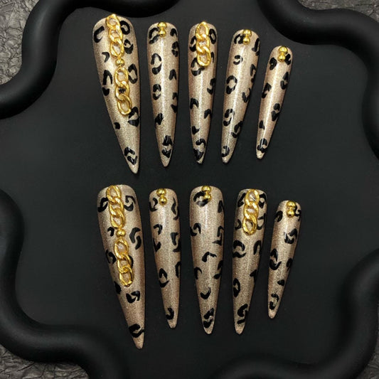 Leopard Print Press On Nails – Gold Chain Accent, 3X Long Stiletto Nude Nails, Animal Print Glam Nail Set, Reusable Luxury Fake Nails