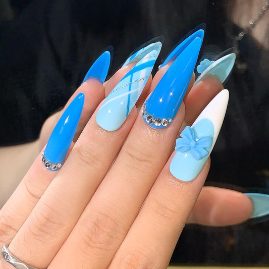 Preppy Blue Press On Nails Medium Stiletto Hand Painted with Rhinestones & 3D Bow, Cute Girly Nail Set, Light and Royal