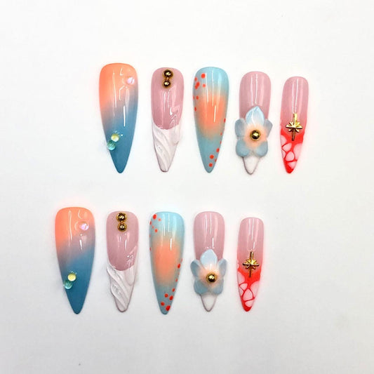 Pastel Ombre Press Hand Painted Nails – Floral 3D Design, Medium Stiletto with Rhinestones & Gradient Colors, Cute Spring/Summer Nail Set