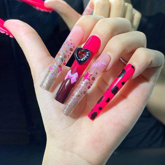 Y2K XL Square Press On Hand Painted Nails, Hot Pink & Glitter Long Nails with 3D Charms, Cow Print and Chain Accents, Y2K Girly Nail