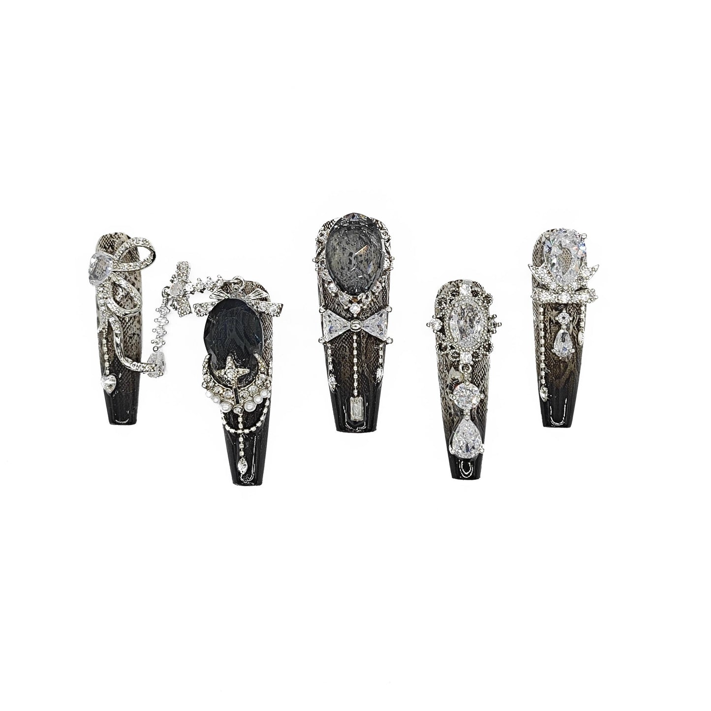 Gothic Glam Press On Hand Painted Nails, Black & Silver 3D Rhinestone Nails with Lace Detail, Luxury Coffin Nail Set, Elegant Dark Aesthetic