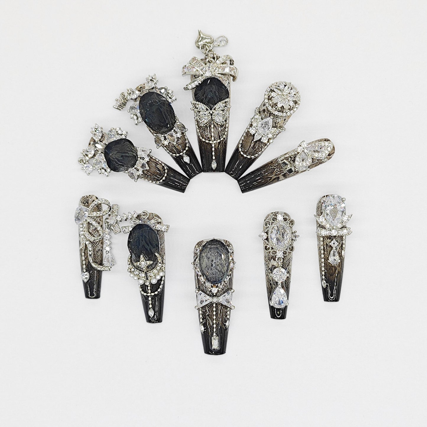 Gothic Glam Press On Hand Painted Nails, Black & Silver 3D Rhinestone Nails with Lace Detail, Luxury Coffin Nail Set, Elegant Dark Aesthetic