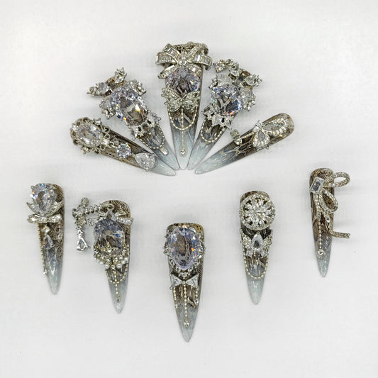 Crystal Bridal Press On Hand Painted Nails – Silver Ombre Nails with 3D Rhinestones and Luxe Charms, Elegant Wedding Nail Set, Long stiletto