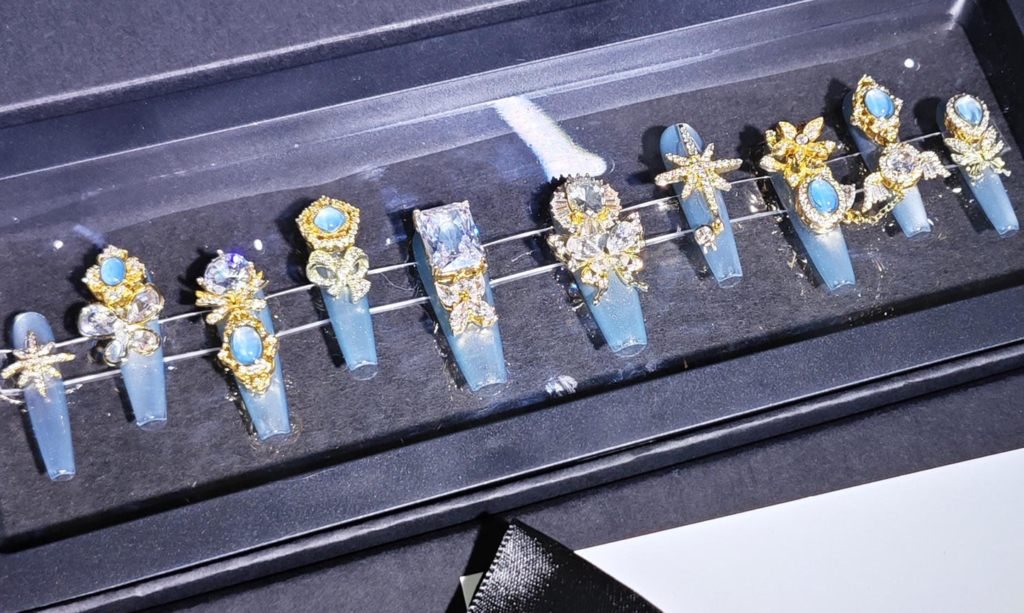 Dreamy Luxury Blue Cameo Press-On Nails – Elegant 3D Rhinestone Nails with Gold Charms, Butterfly & Star Design, Handmade Glam Nail Art Set