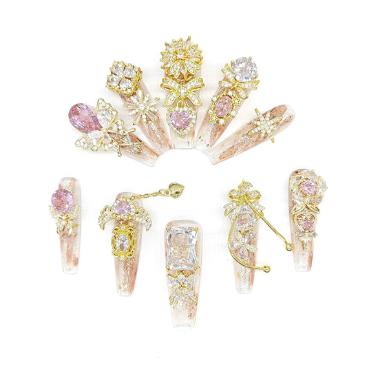 Opulent Blush & Gold Press-On Nails – 3D Pink Crystals, Butterflies, Bows, Luxe Charms on Sparkling Nude Base | Ultimate Glam Nail Set
