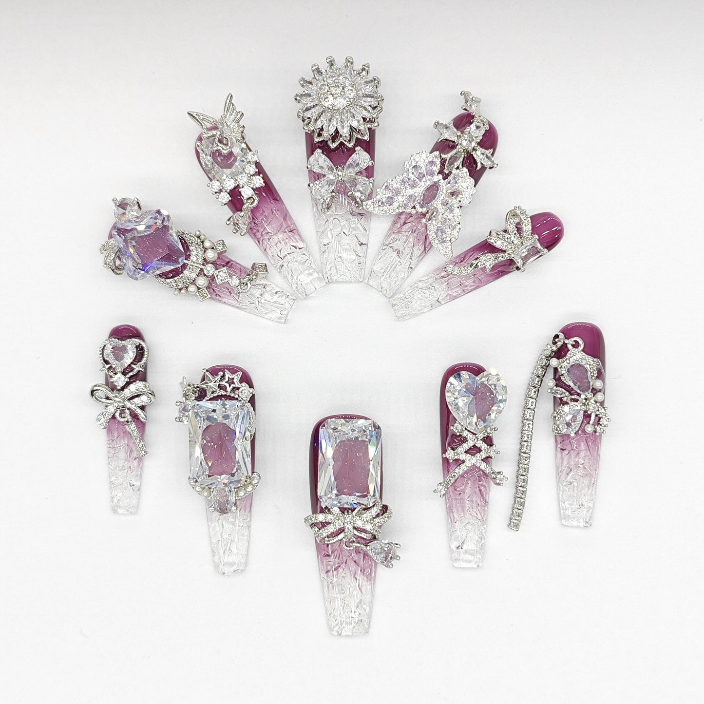 Luxury Plum Ombre Crystal Press On Nails – Purple and Clear 3D Rhinestone Nail Set with Butterfly, Heart & Bow Charms