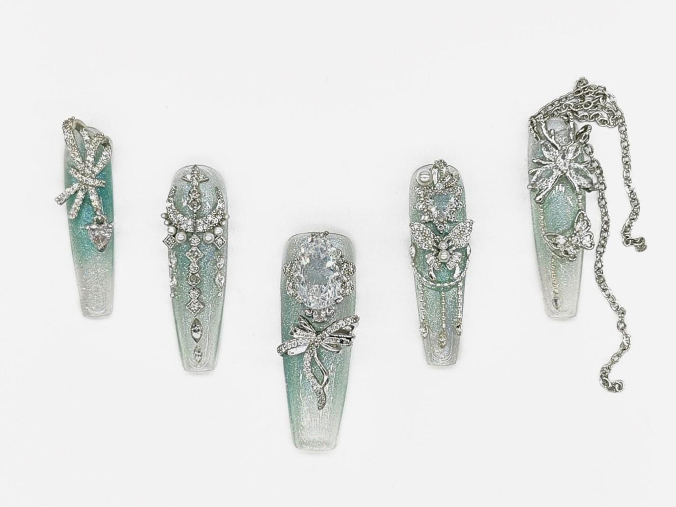 Fairy Forest Press On Nails – Mint Green Glitter Ombre 3D Crystals, Chains & Butterfly Charms – Magical Luxury Nail Set for Fantasy Glam