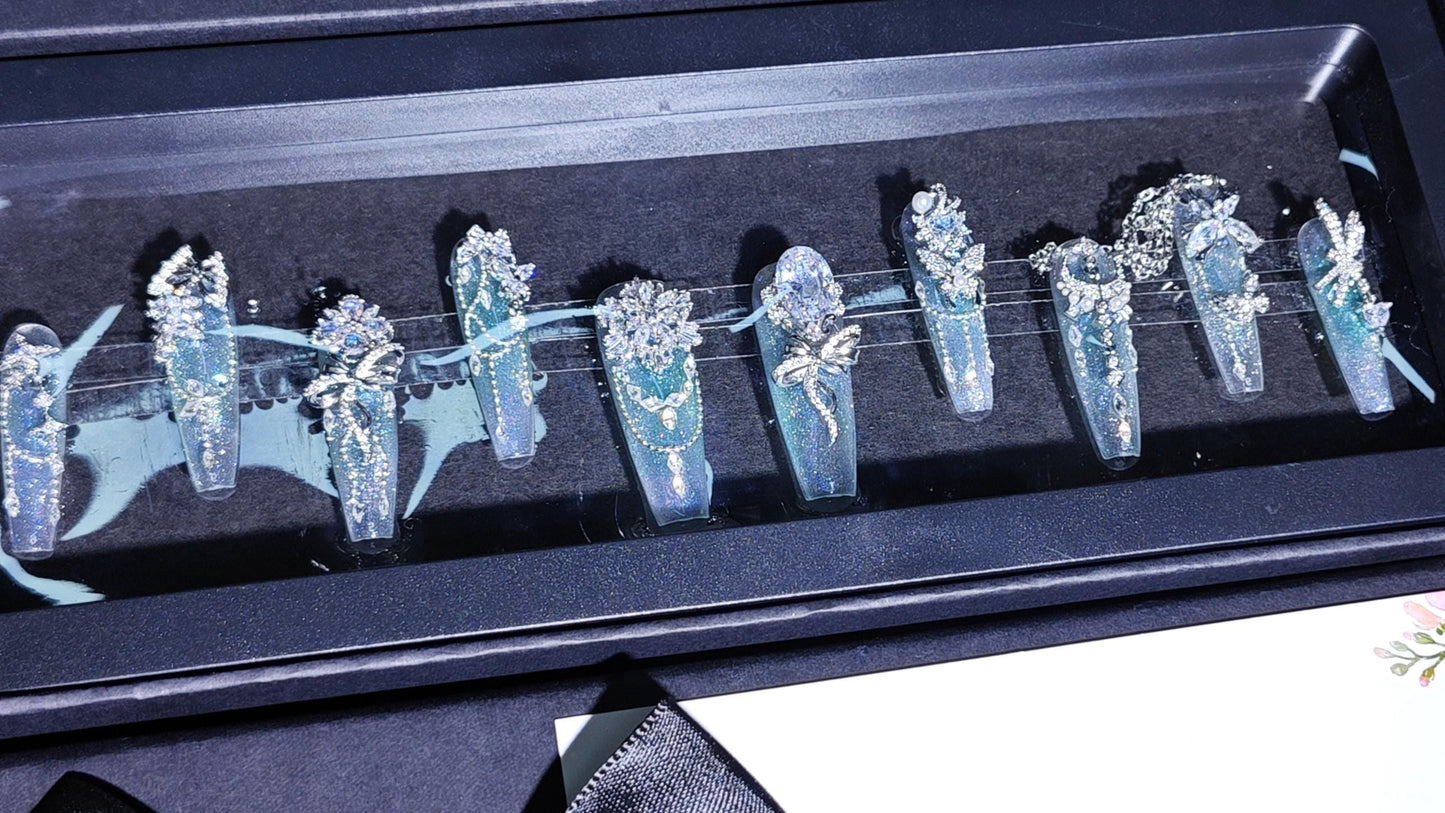Fairy Forest Press On Nails – Mint Green Glitter Ombre 3D Crystals, Chains & Butterfly Charms – Magical Luxury Nail Set for Fantasy Glam