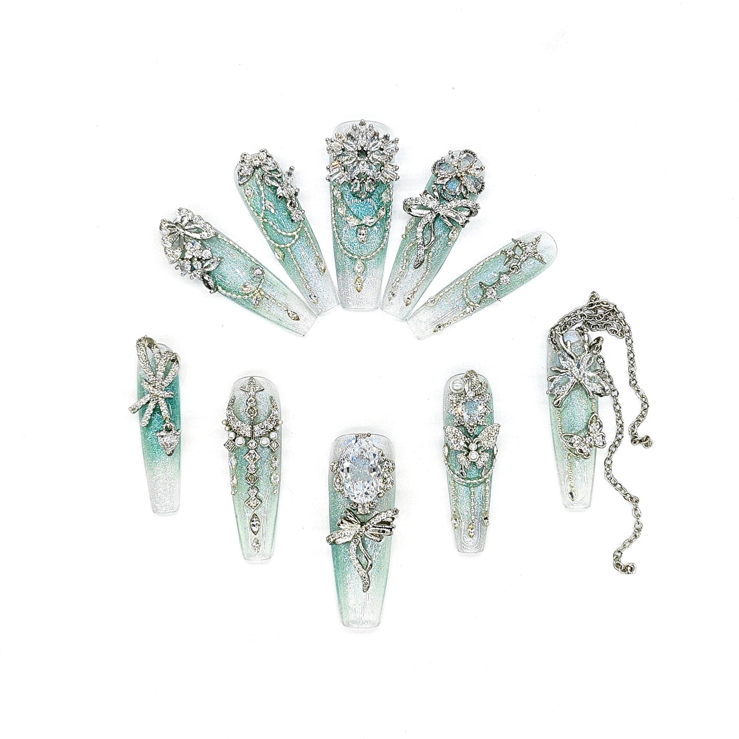 Fairy Forest Press On Nails – Mint Green Glitter Ombre 3D Crystals, Chains & Butterfly Charms – Magical Luxury Nail Set for Fantasy Glam