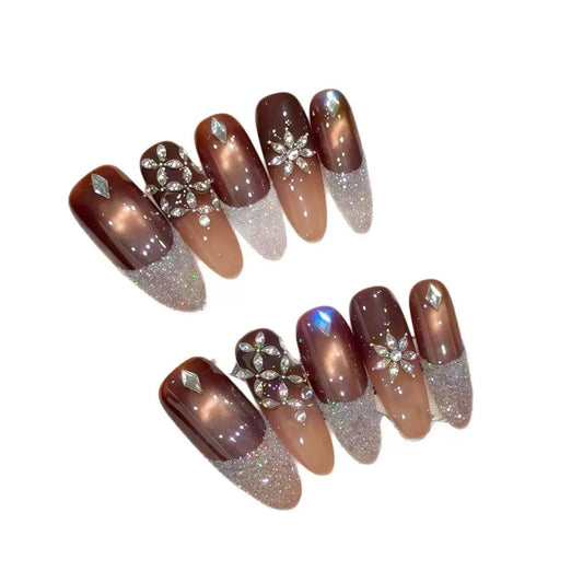 Chocolate Glitz Press-On Nails | Brown Cat Eye Nails with Glitter Tips & Rhinestones | Elegant Reusable Nail Set