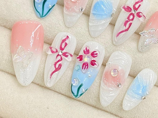 3d flower nails pastel butterfly kawaii spring wedding bridal dreamy cute fairy handmade girly nail art press on glue on nails pink blue art