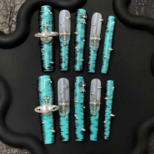 Celestial Teal Galaxy Nails – Long Coffin Press-Ons with Saturn Ring, Starry Cross Charms & Cosmic Spikes gothic glam nails punk rock nails