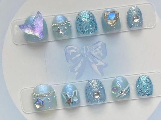 Blue Mermaid Glitter Butterfly Kids Press-On Nails | Child Size Nails with Stars, Charms & Sparkles | Cute Reusable Nail Set