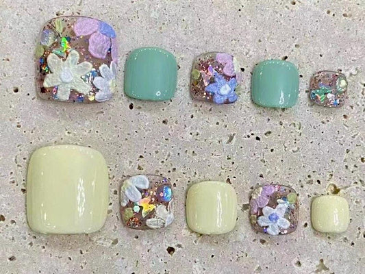 Pastel Floral Press-On Toe Nails | Glitter Flower Pedicure Set | Spring Reusable Toe Nail Art
