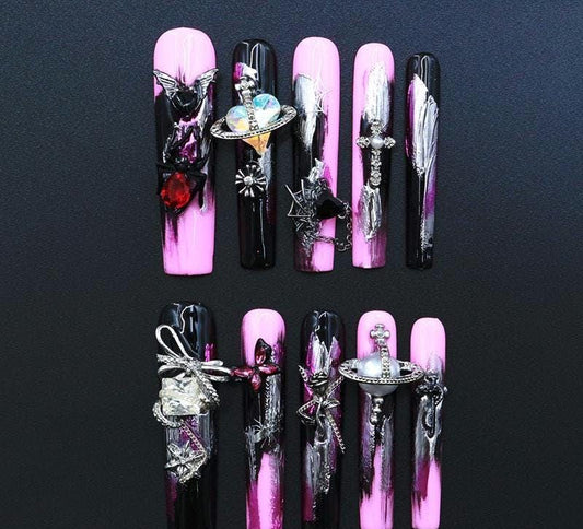 Gothic Glam Pink & Black Press On Nails with 3D Charms Long Coffin Nails Spider Web Nails Bat Nails Halloween Nails 3D Charm Nails Bold Nail