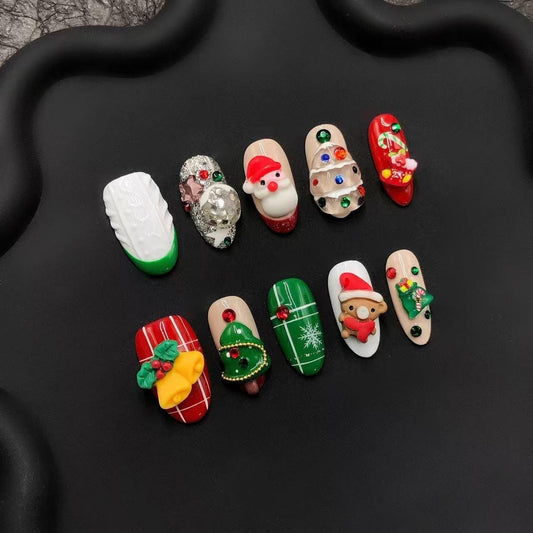 Christmas press on nails, 3D holiday Santa Claus festive nail art short oval tree reindeer holiday set cute Xmas winter candy cane red green