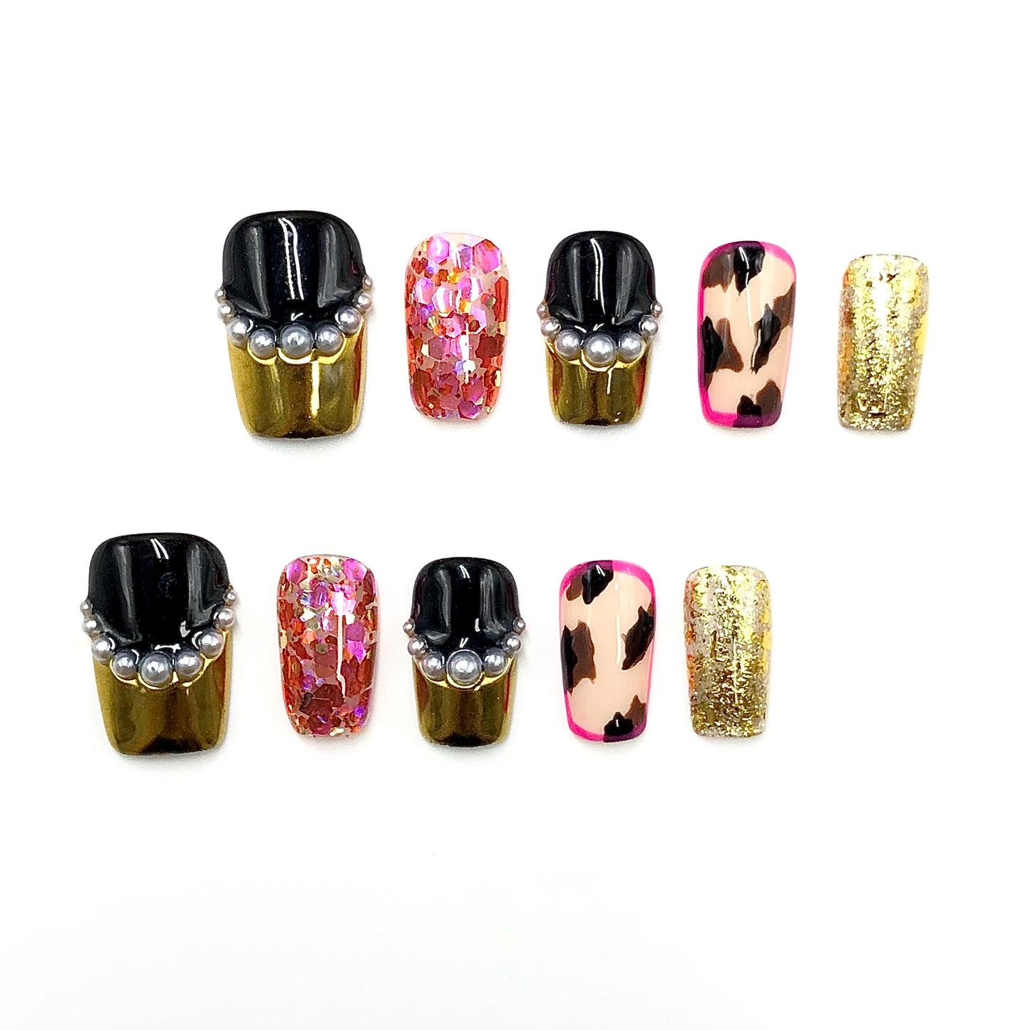 glam press on nails gold foil  leopard print  pearl accent  black gold bold set, sequin glitter statement  luxury hot pink fashion, bling