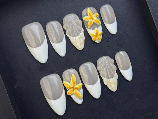 neutral nails, grey and white nails, 3D nail art, flower design, marble sculpted elegant tropical handmade plumeria beach press on artistic