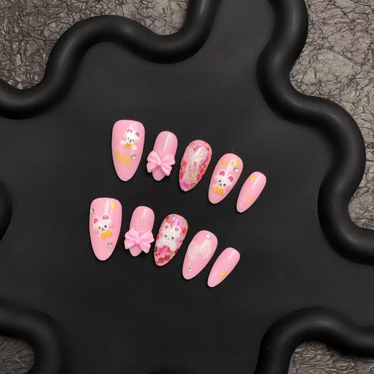 kawaii press on nails pink bunny cute art pastel pink 3D bow cartoon press on soft girl aesthetic girly  character glitter bunny anime style