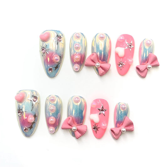Cute press on nails pastel nails pink  fake nail  pearl nails 3D nail art bow design heart accents star embellishments glossy girly hologram